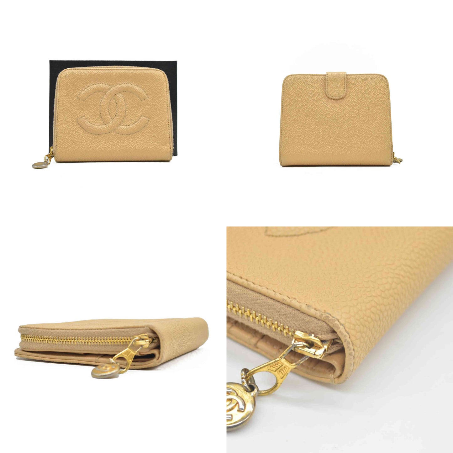$700 Chanel Caviar Timeless CC Zip Around Coin Purse Beige CONSIGNMENT
