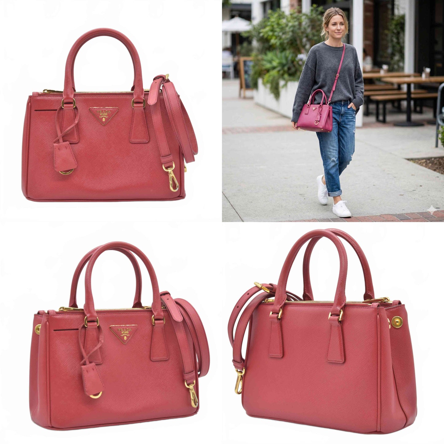 $4700 Prada Saffiano Mini Galleria Double Zip Tote Fuxia