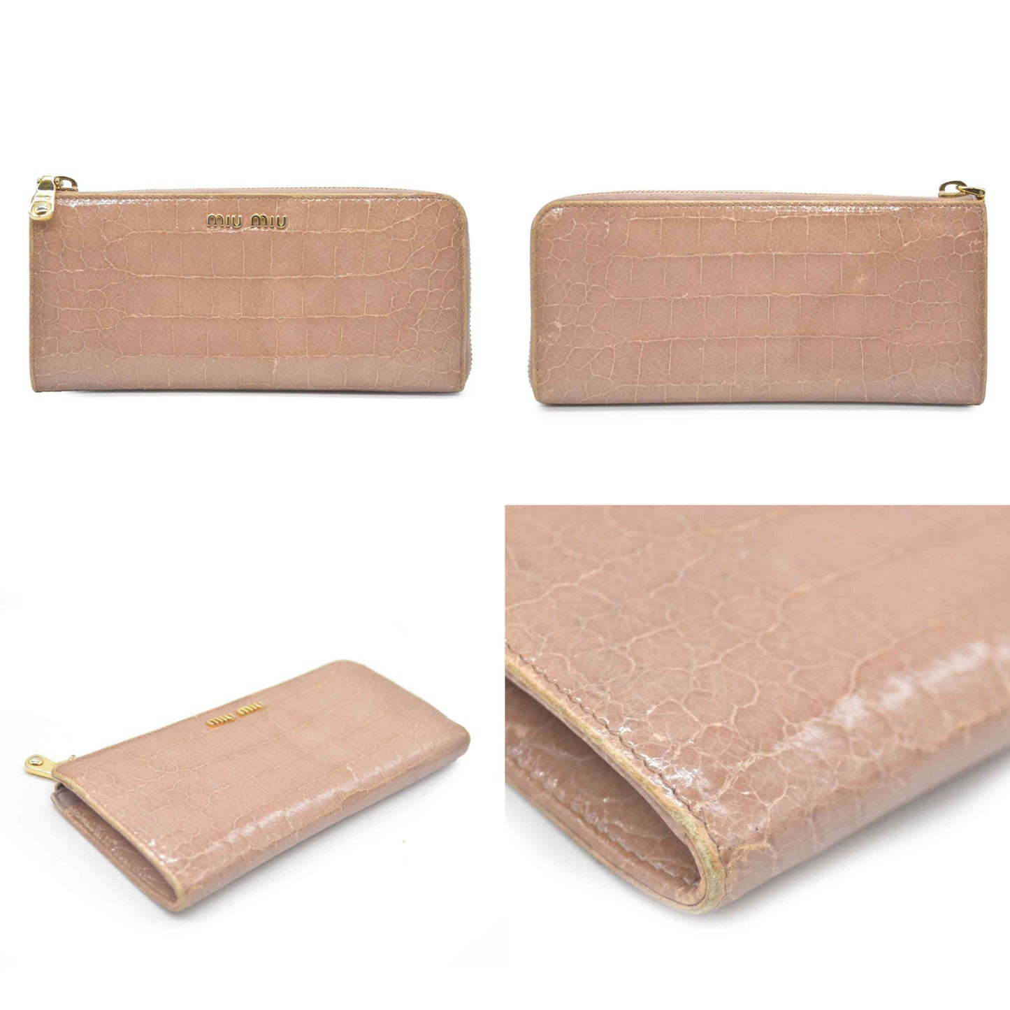 MIU MIU Logo Embossed Leather Zippy Long Wallet Beige
