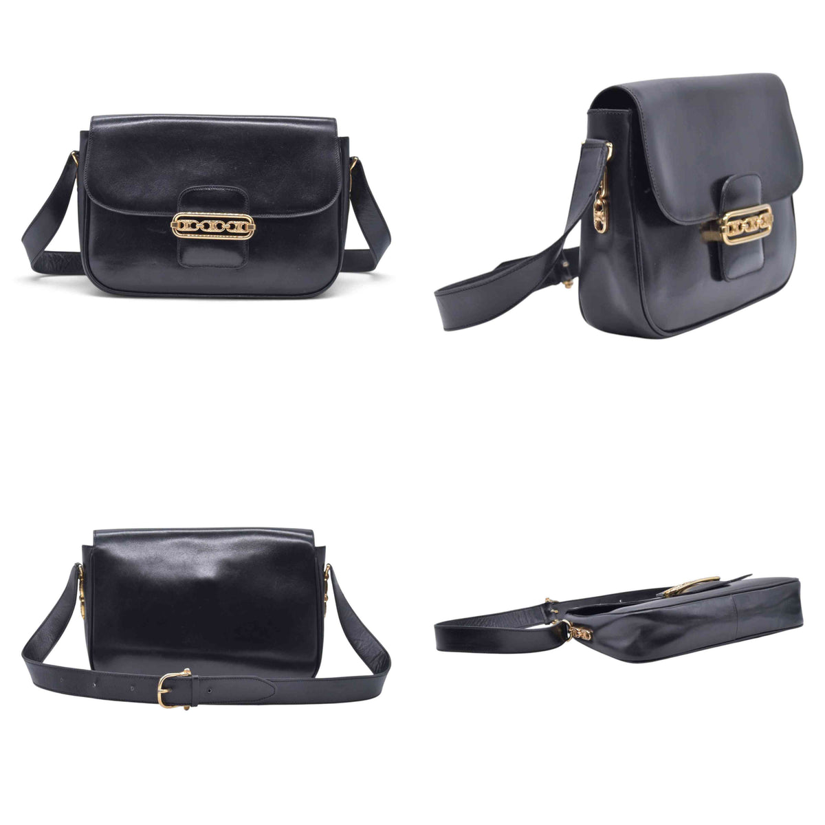 $1850 CELINE Vintage Box Calfskin Triomphe Chain Flap Shoulder Bag Black CONSIGNMENT 10021246