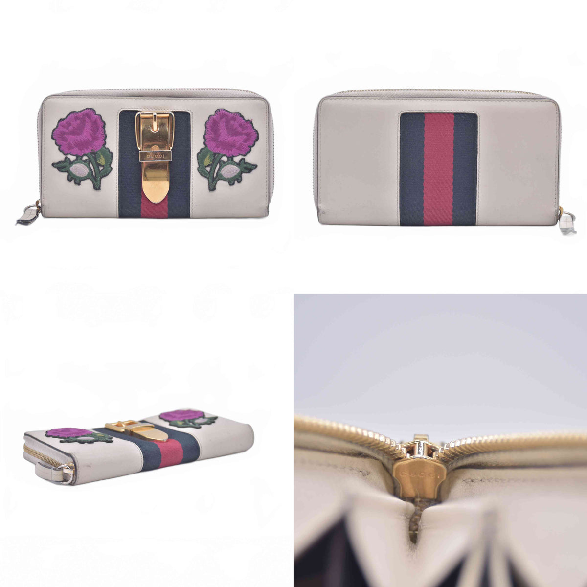 $980 Gucci White Sylvie Floral Embroidery Zip Around Wallet 10020981