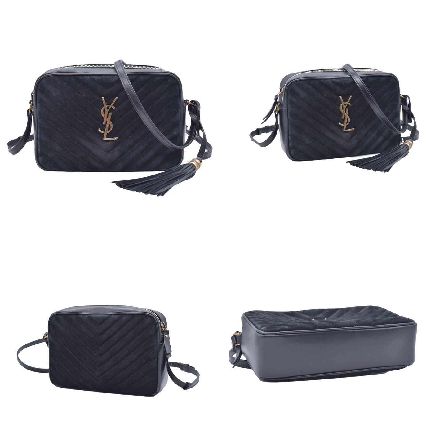 $1950 Saint Laurent Suede Matelasse Monogram Lou Camera Bag Black