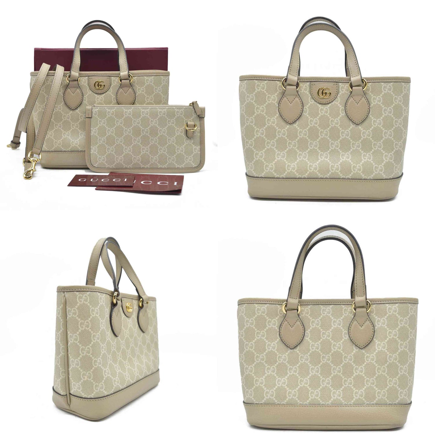 $1900 Gucci GG Supreme Monogram Textured Dollar Calfskin Mini Ophidia Shoulder Tote Bag Bag Beige Mystic White Oatmeal