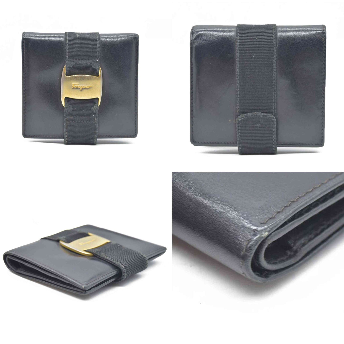$450 Salvatore Ferragamo Vara Leather Bifold Wallet Black