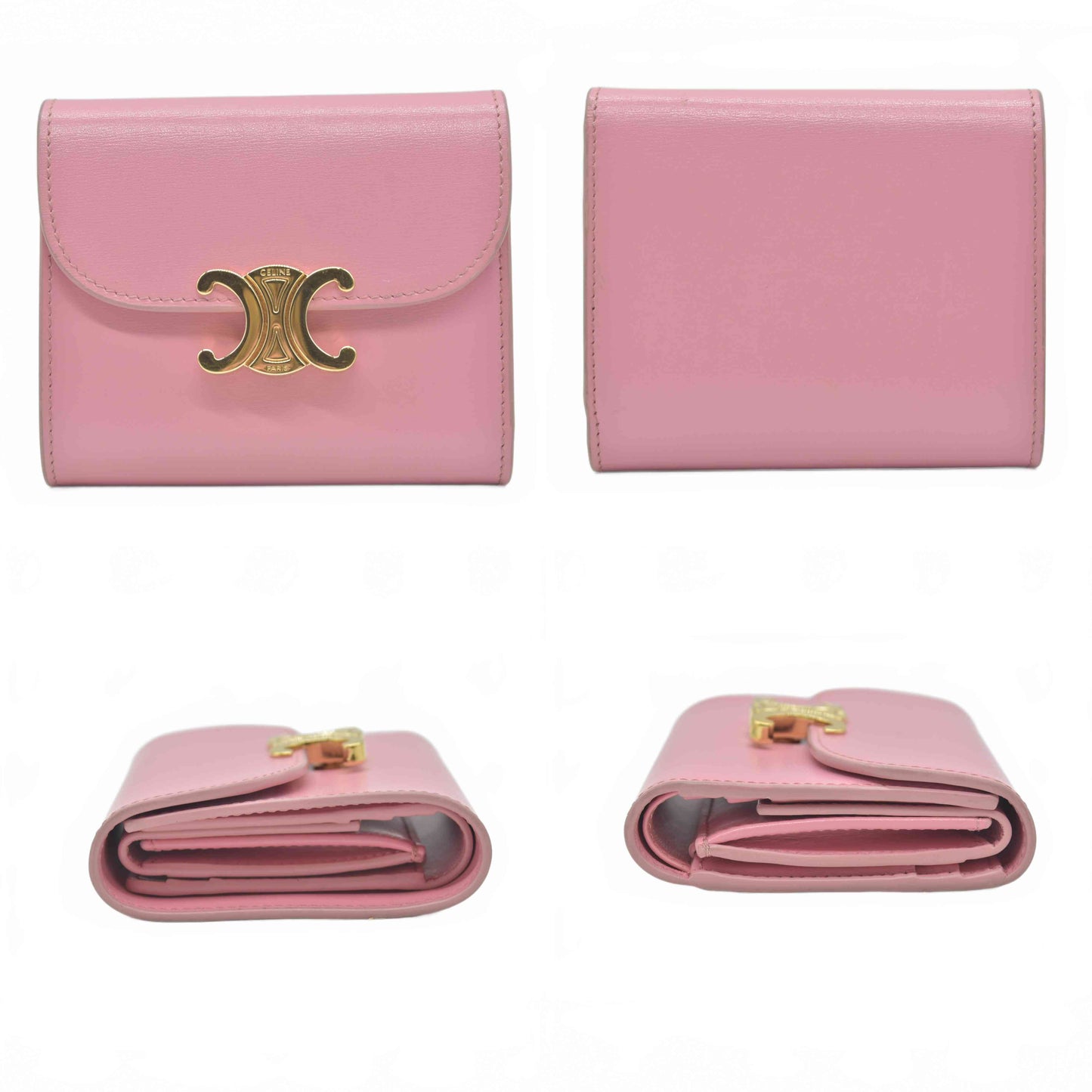$690 Celine Shiny Calfskin Small Triomphe Wallet Pink