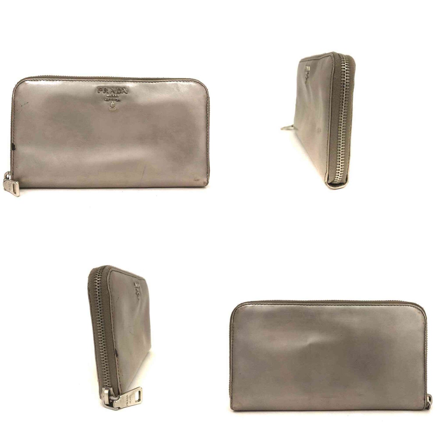 Prada  Spazzolato Zip Around Wallet Silver