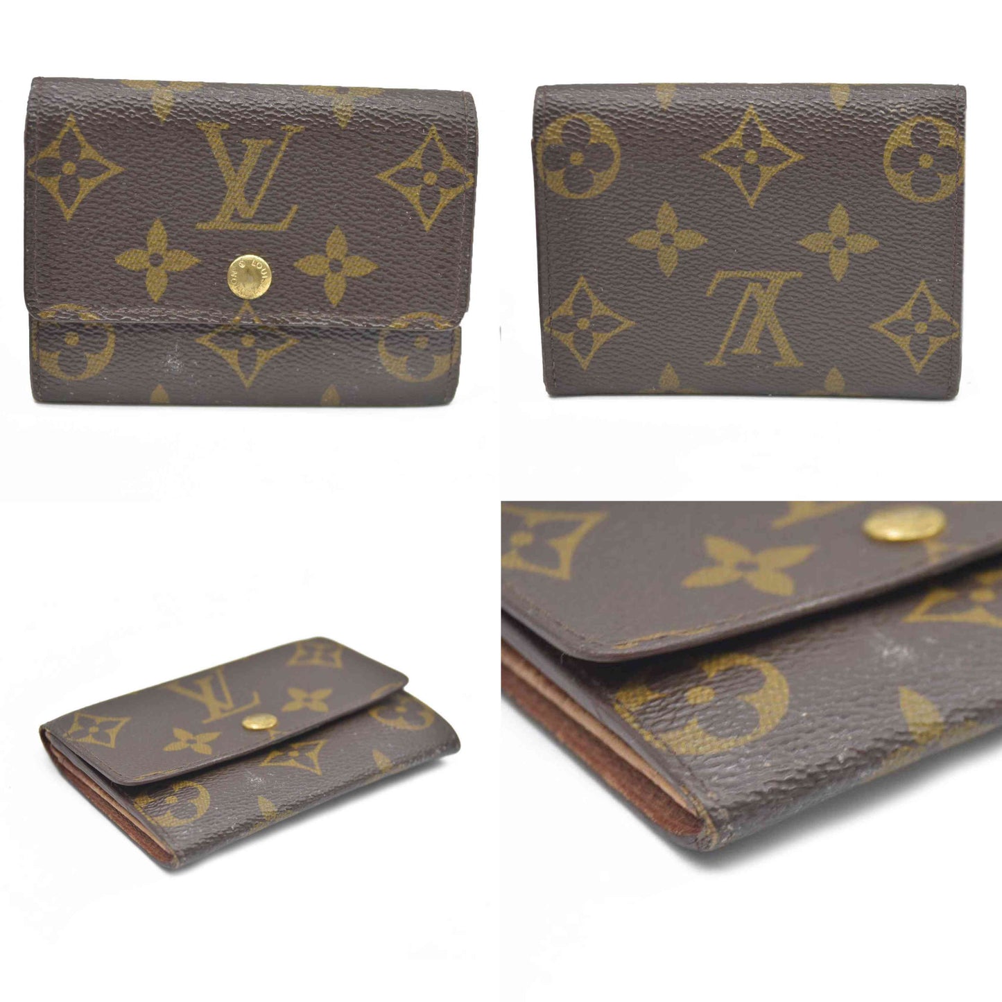 AUCTION $430 Louis Vuitton Monogram Porte Monnaie Plat Coin Purse Wallet Brown