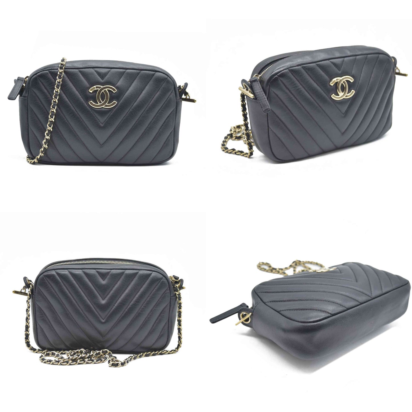 $3100 Chanel  Lambskin Chevron Quilted Camera Case Black