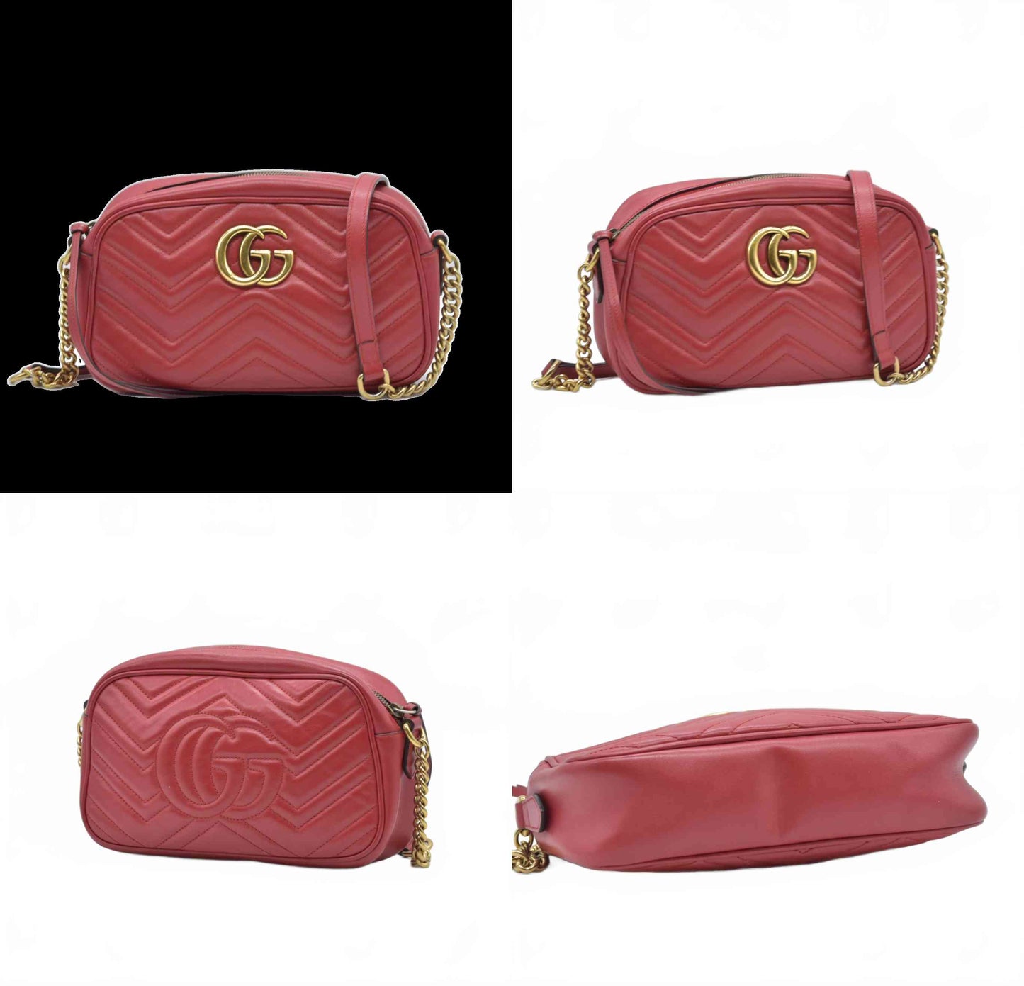 $1950 Gucci Calfskin Matelasse Small GG Marmont Chain Shoulder Bag Hibiscus Red Crossbody