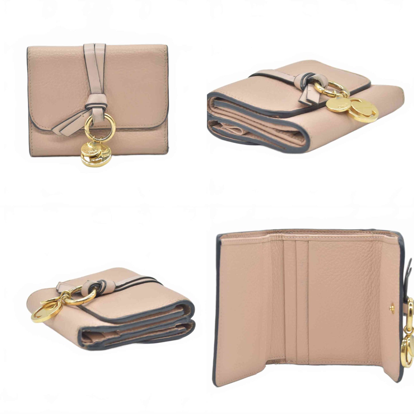 $595 2020 Chloe Alphabet Leather Mini Trifold Wallet Cement Pink with C Charm