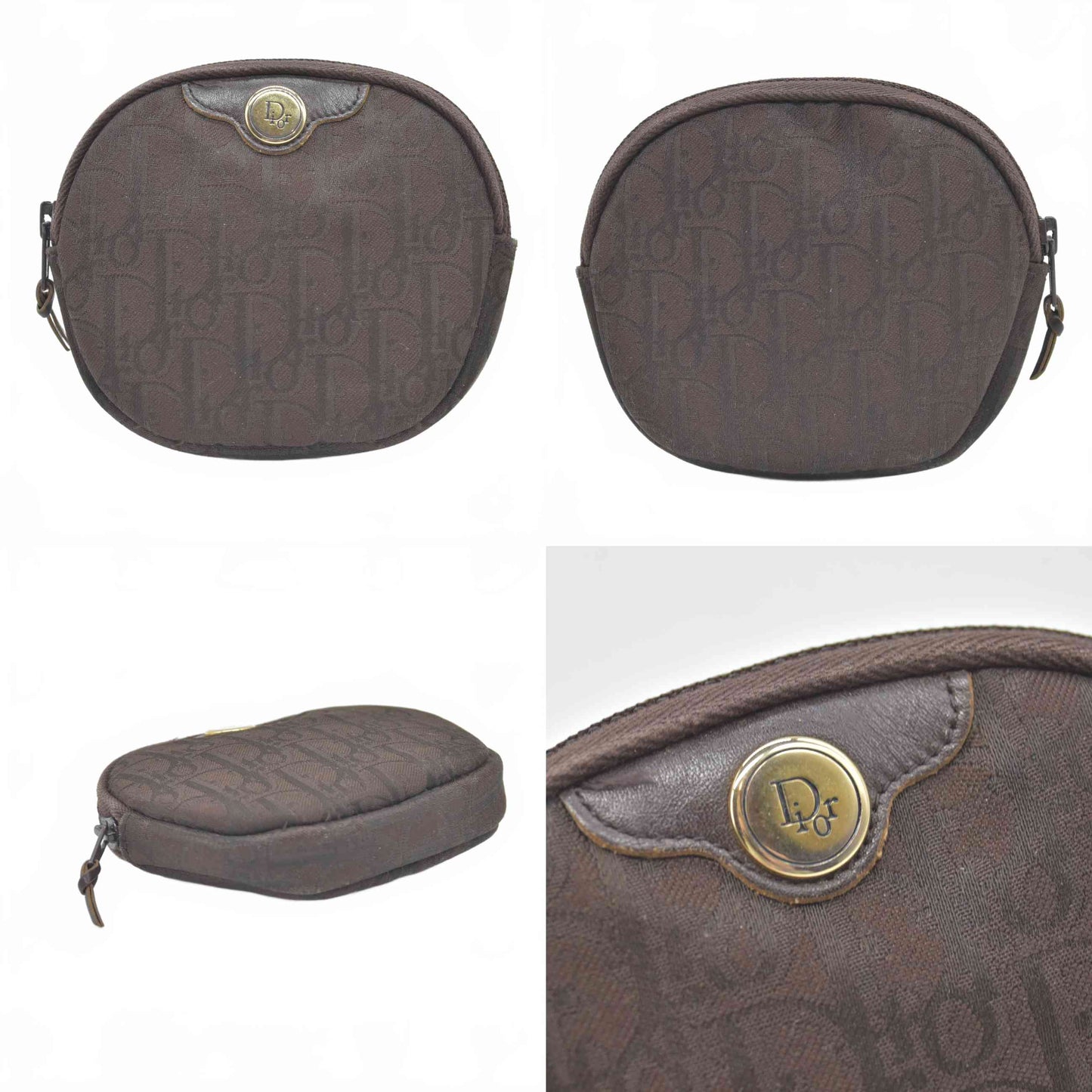 $550 CHRISTIAN DIOR Oblique Trotter Canvas Round Coin Purse Brown
