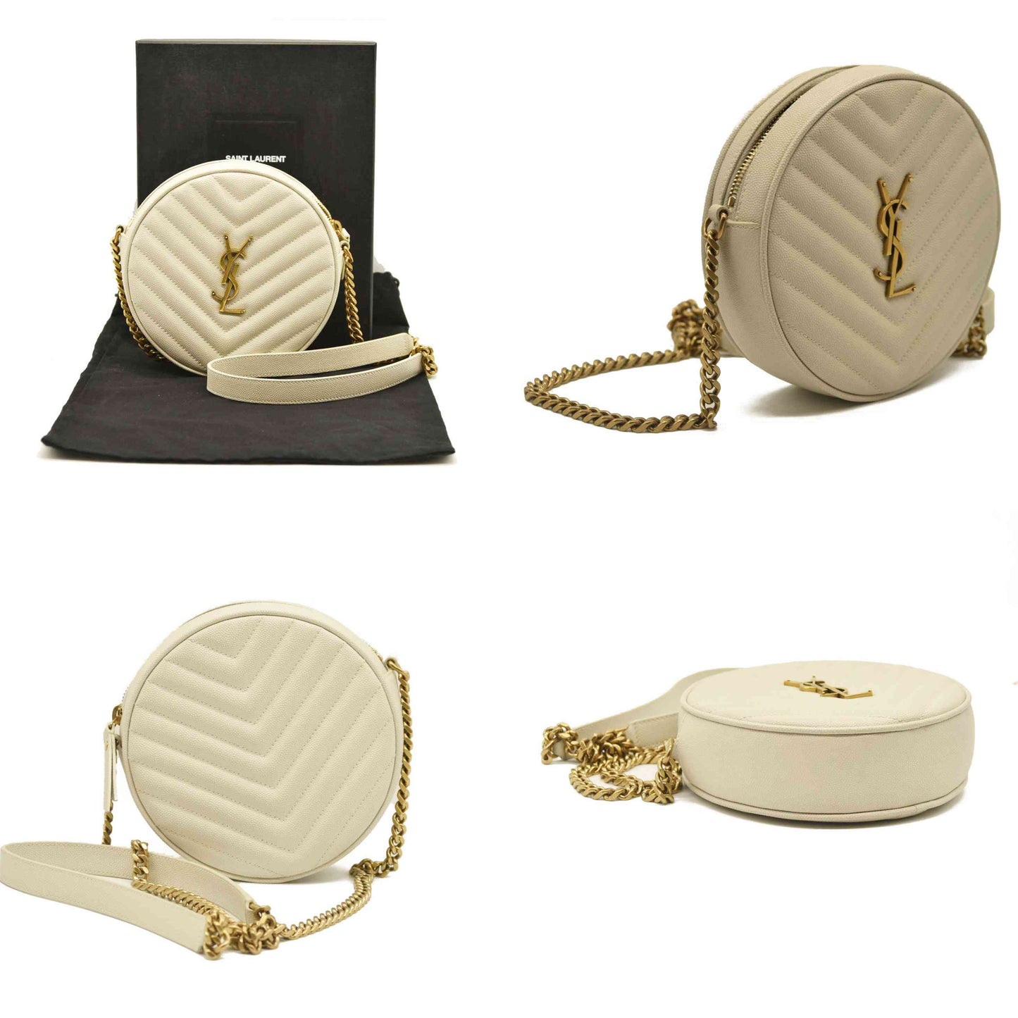 Saint Laurent  Grain De Poudre Matelasse Chevron Quilted Round Vinyle Camera Bag Crema Soft
