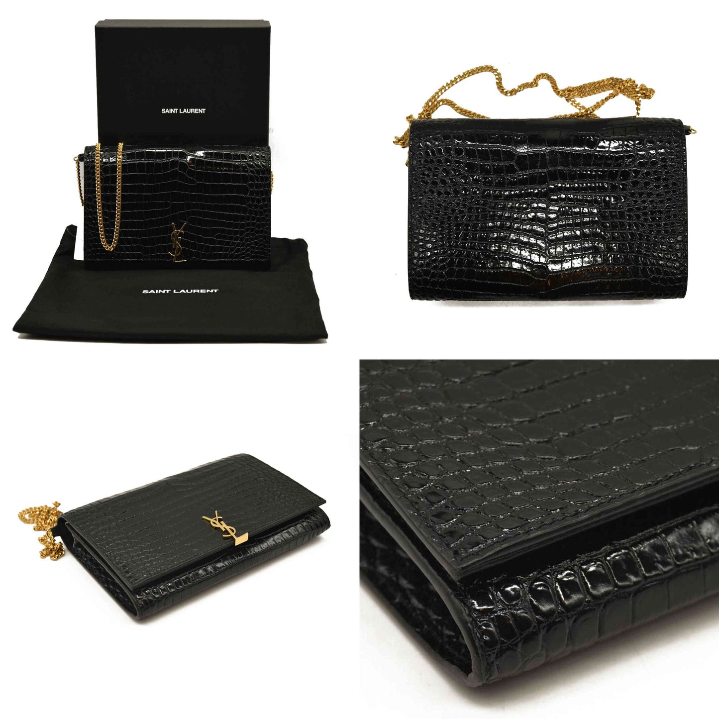 SAINT LAURENT PARIS Saint Laurent Black Croc Embossed Leather Monogram Wallet On Chain