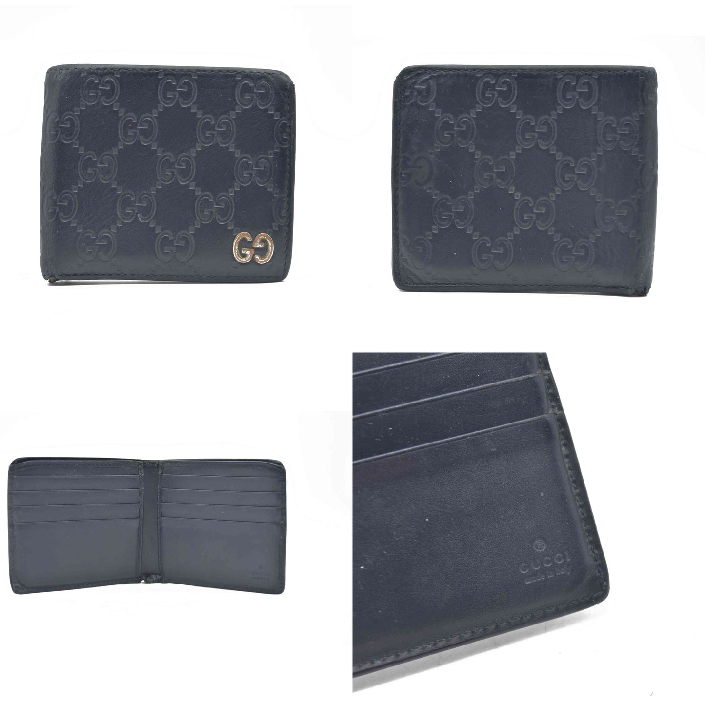 $550 Gucci GG Supreme Leather Wallet Navy Blue Silver