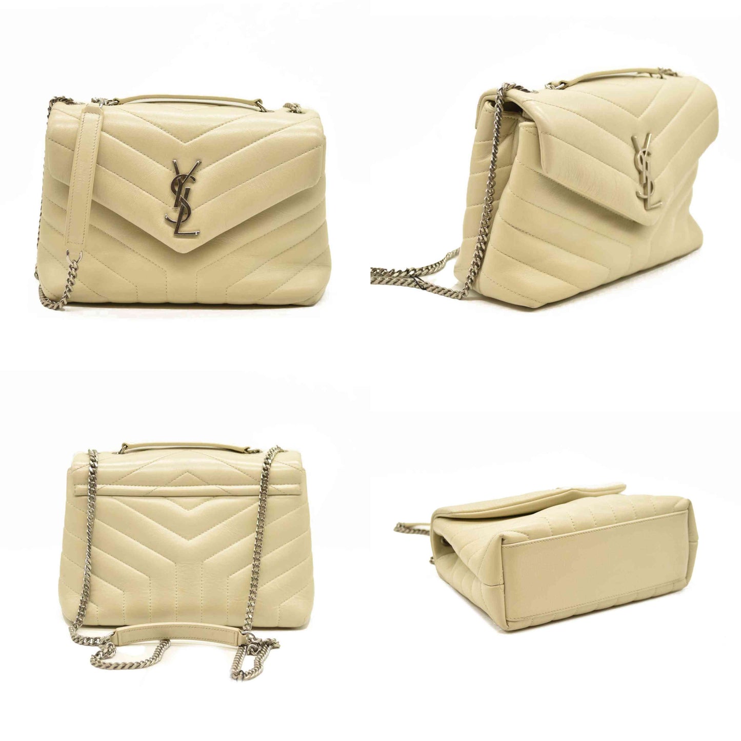 Saint Laurent  Calfskin Y Quilted Monogram Small Loulou Chain Satchel Blanc Vintage