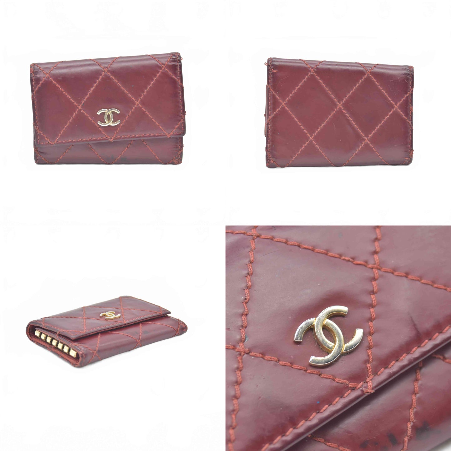$750 2004 Chanel Calfskin Wild Stitch 6 Key Ring Holder Burgundy
