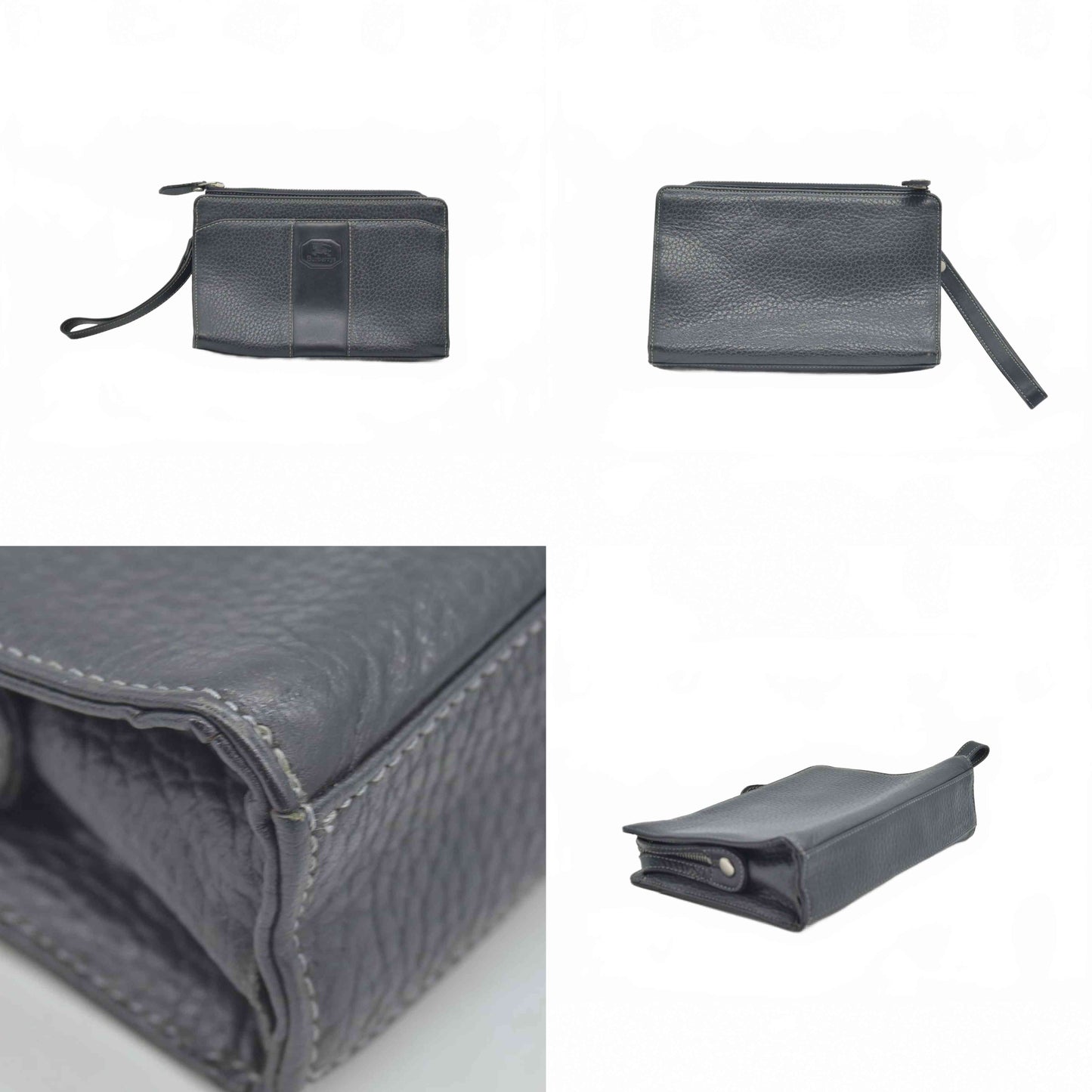 $650 BURBERRYS Black Tumbled Leather Clutch Wristlet With Nova Check Plaid Lining CONSIGNMENT