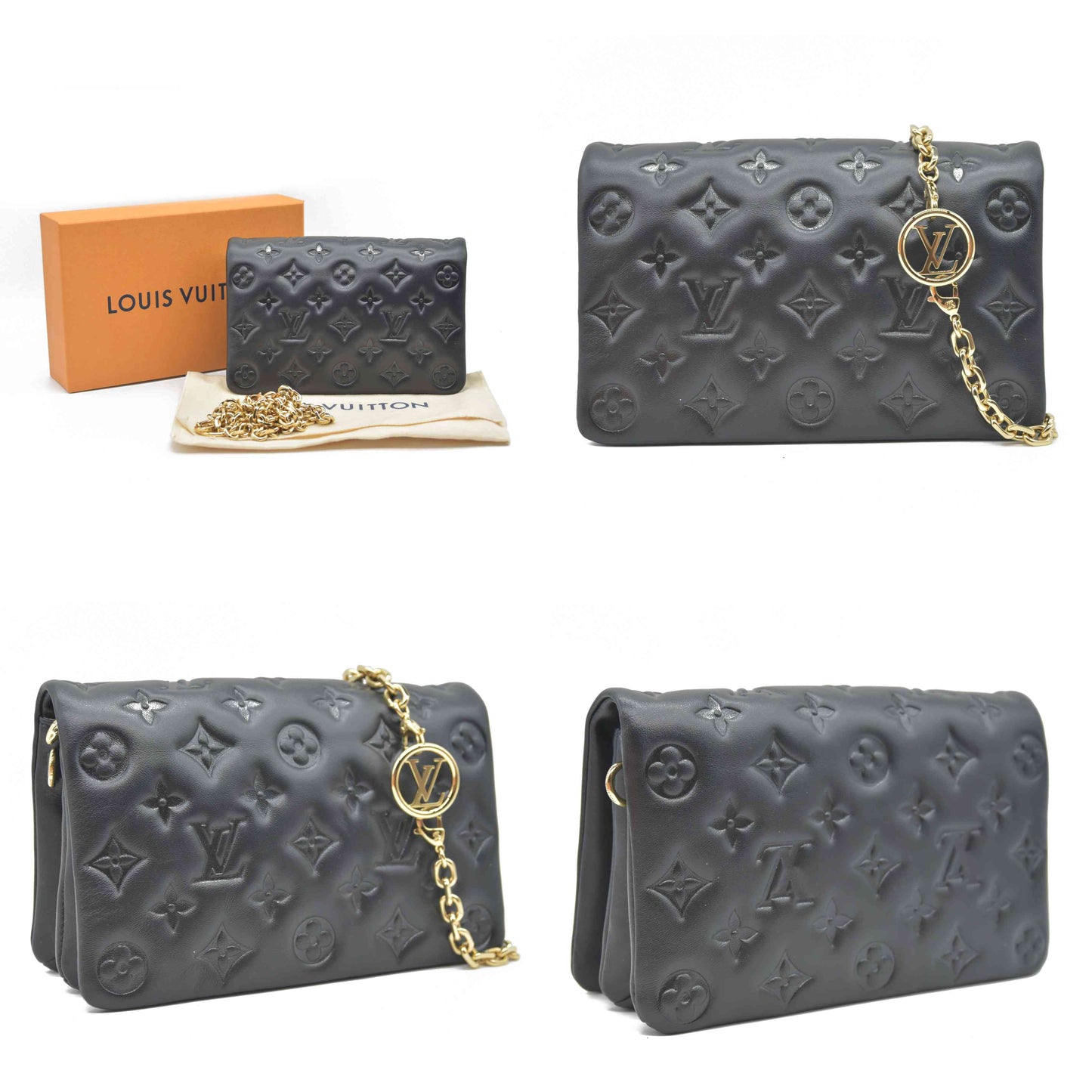 $3150 Louis Vuitton  Lambskin Embossed Monogram Pochette Coussin Black RFID