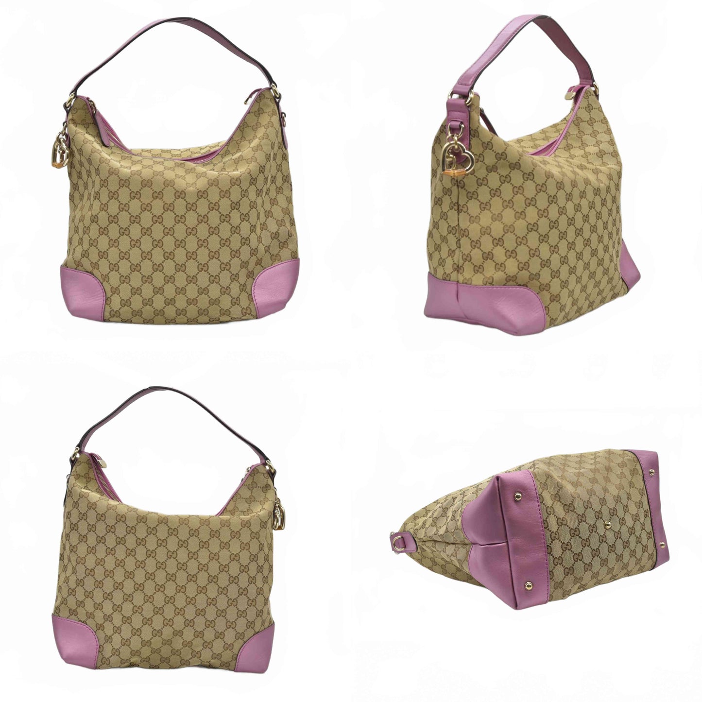 $1050 Gucci Beige Pink GG Canvas Heart-Bit Hobo Bag