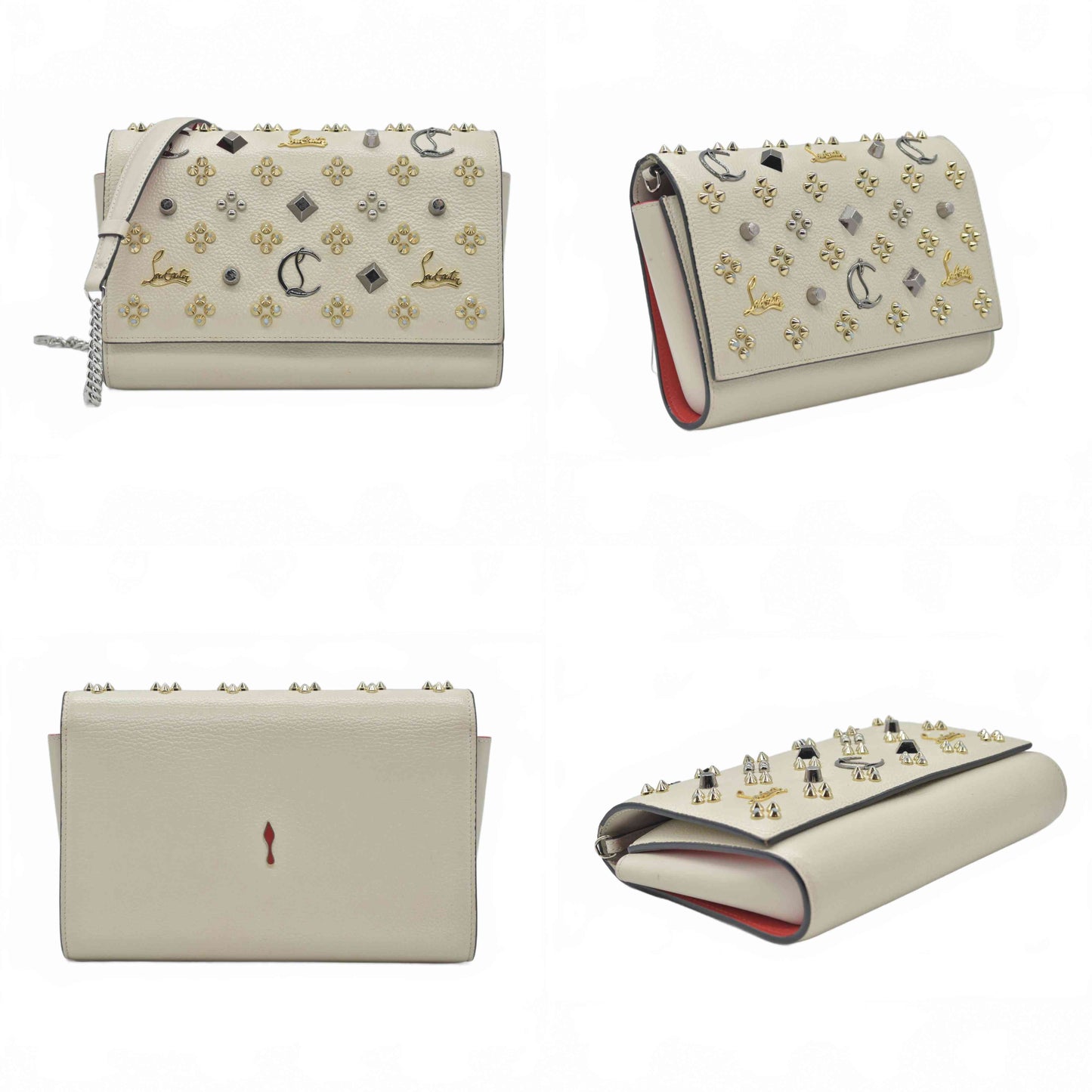 $1590 Christian Louboutin Paloma Clutch Cream Leather "Loubinthesky" Spiked Bag