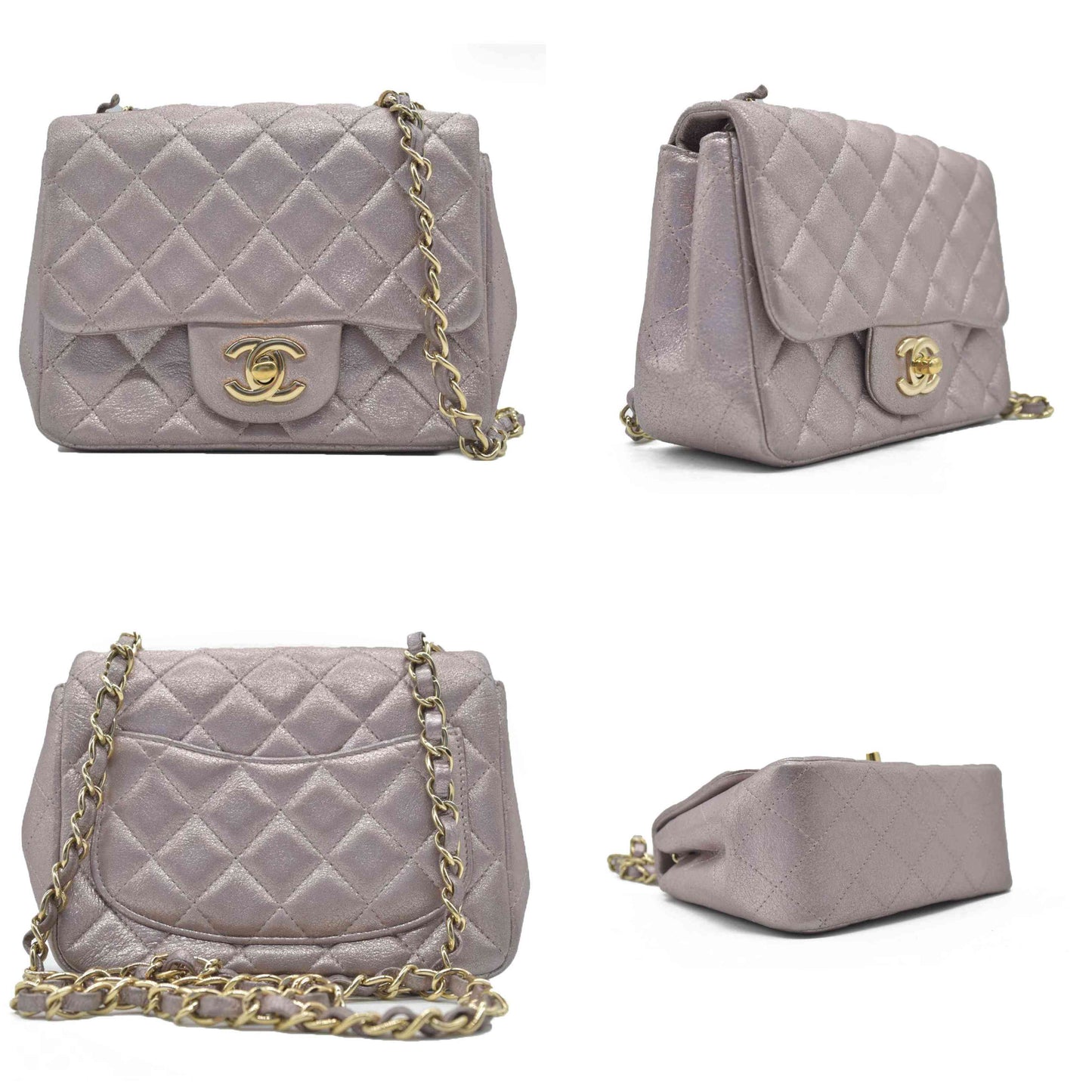 $5200 Chanel Metallic Lambskin Quilted Mini Square Flap Pink Purple