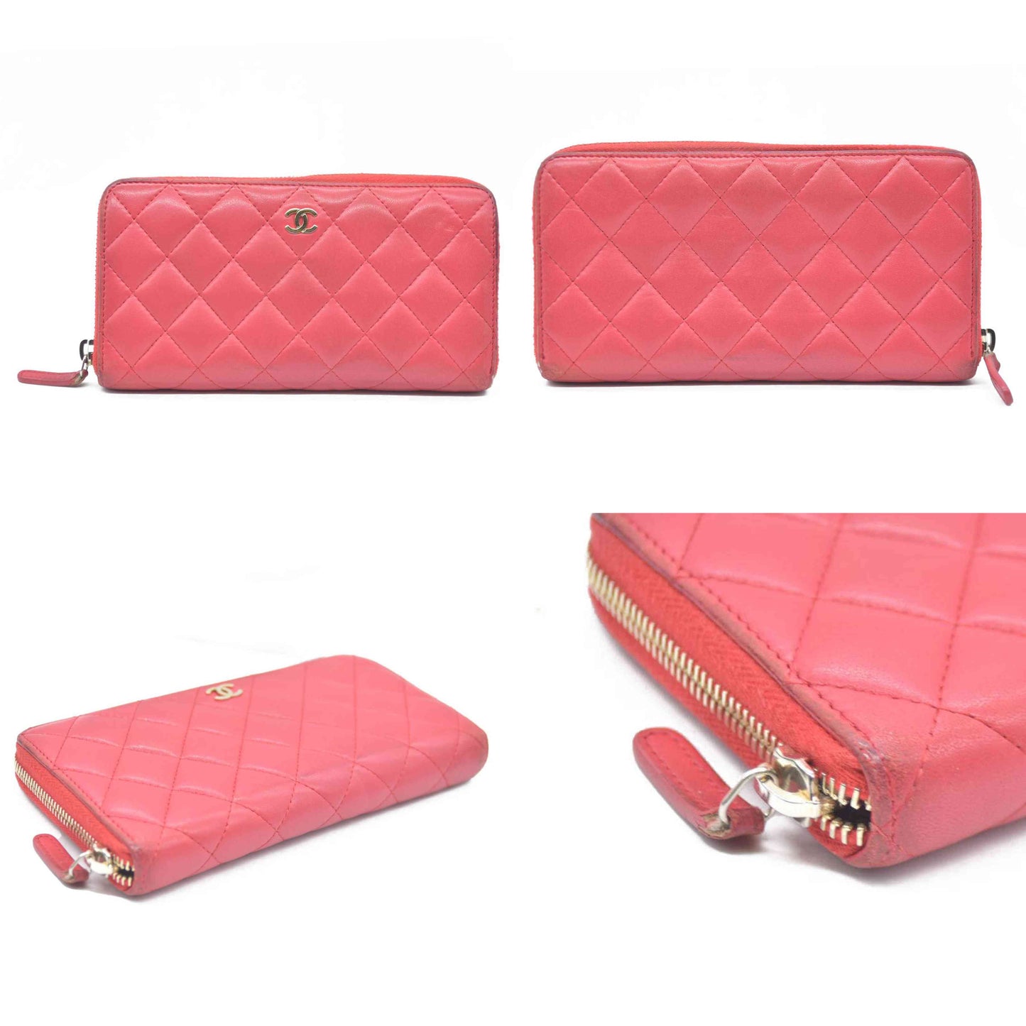 CHANEL Quilted Matelasse CC Logo Lambskin Zip Around Long Wallet Pink