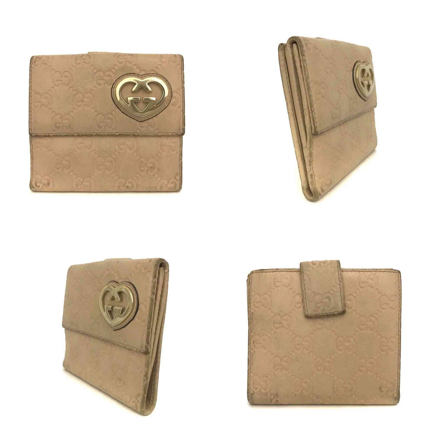 $590 GUCCI Lovely Heart GG Logo Leather Bifold Wallet Beige