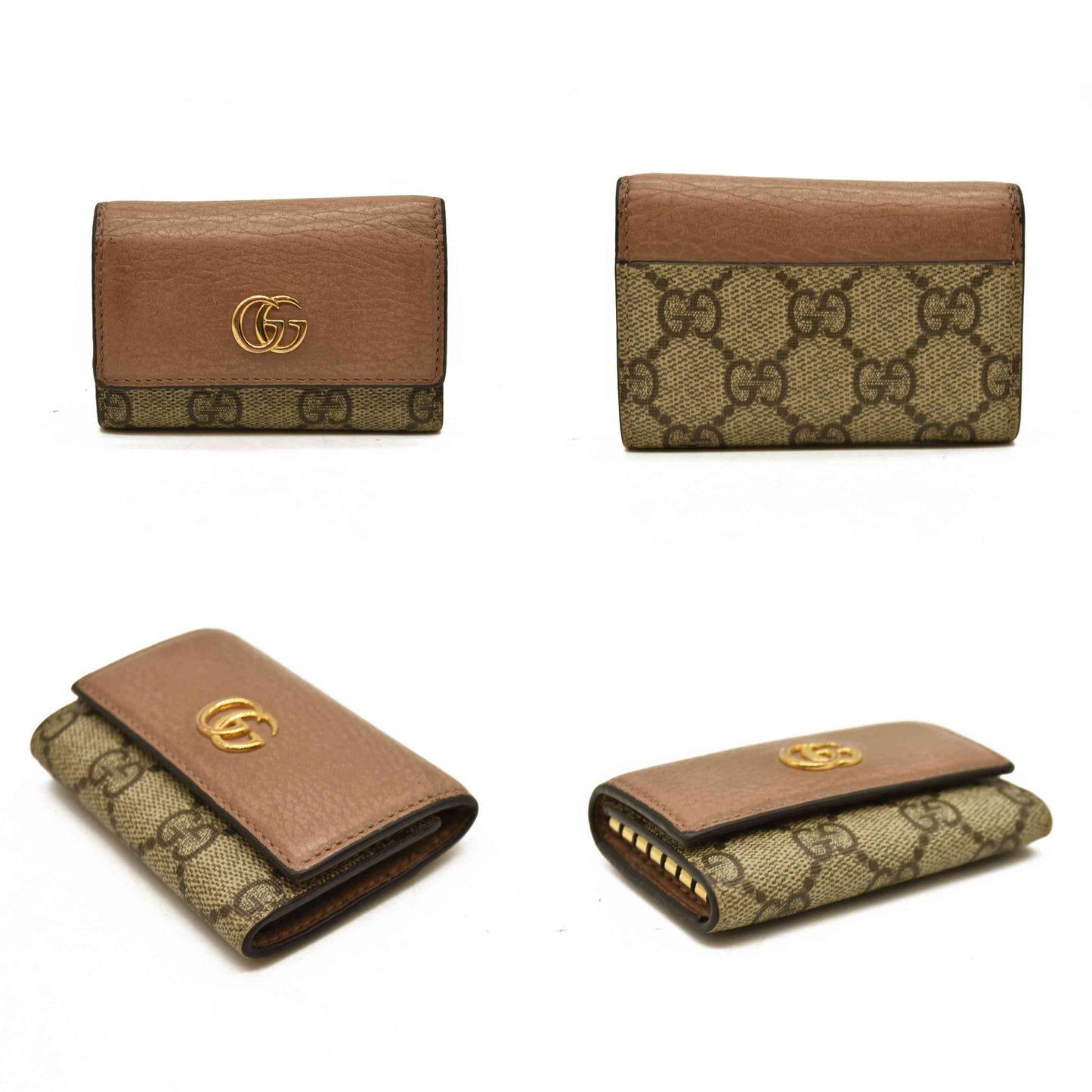 Gucci  Dollar Calfskin GG Supreme Monogram GG Marmont 6 Key Holder Case Porcelain Rose Beige Ebony