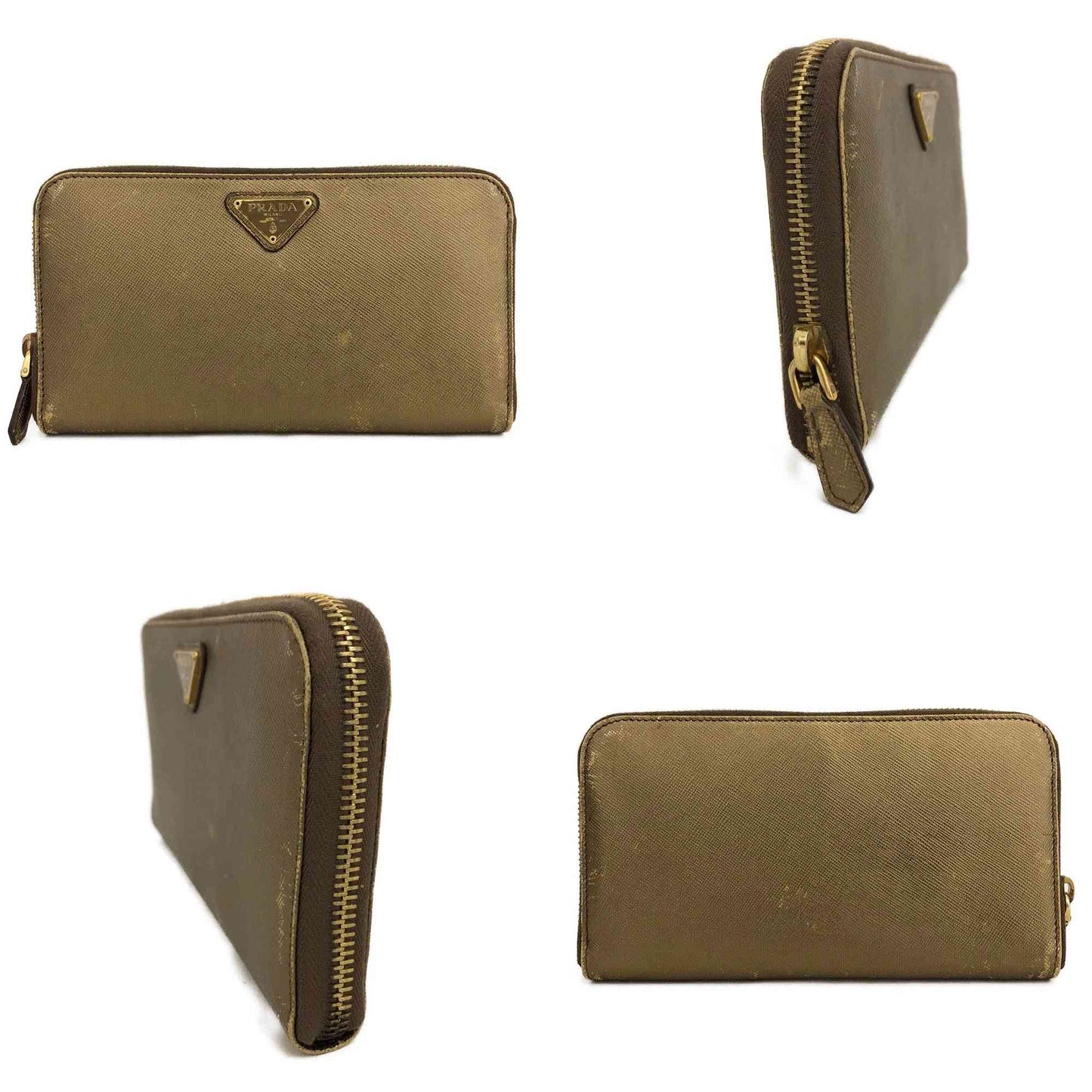 PRADA Logo Plate Saffiano Leather Zip Around Long Wallet Gold/3CA1372