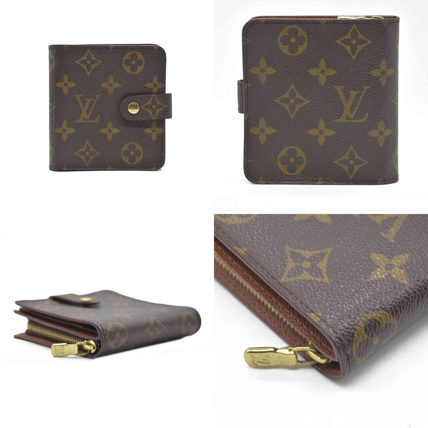 $590 Louis Vuitton Monogram Compact Zip Bifold Wallet Brown CA1908 1998 CONSIGNMENT