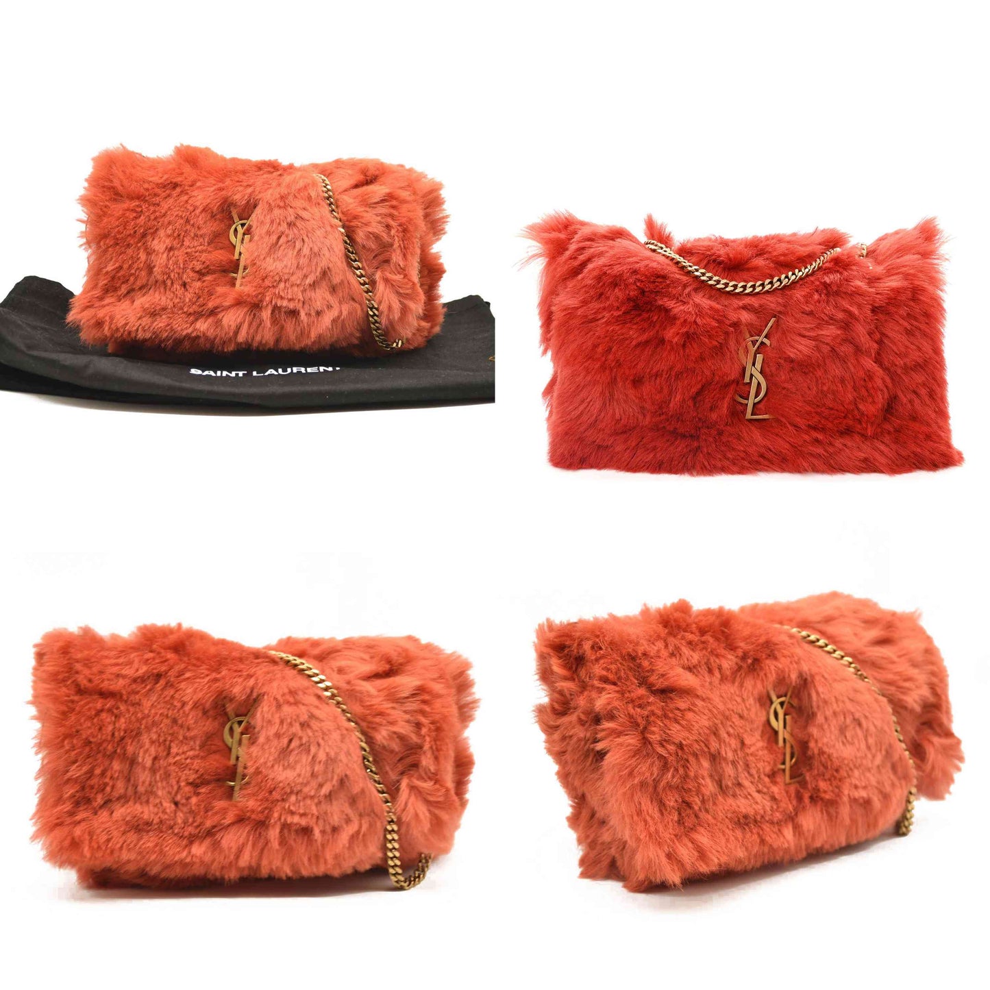 Saint Laurent  Suede Fur Small Reversible Monogram Kate Satchel Pavot Rouge