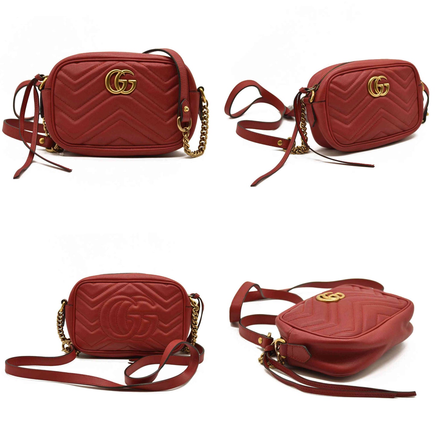 Gucci  Calfskin Matelasse Small GG Marmont Chain Shoulder Bag Hibiscus Red