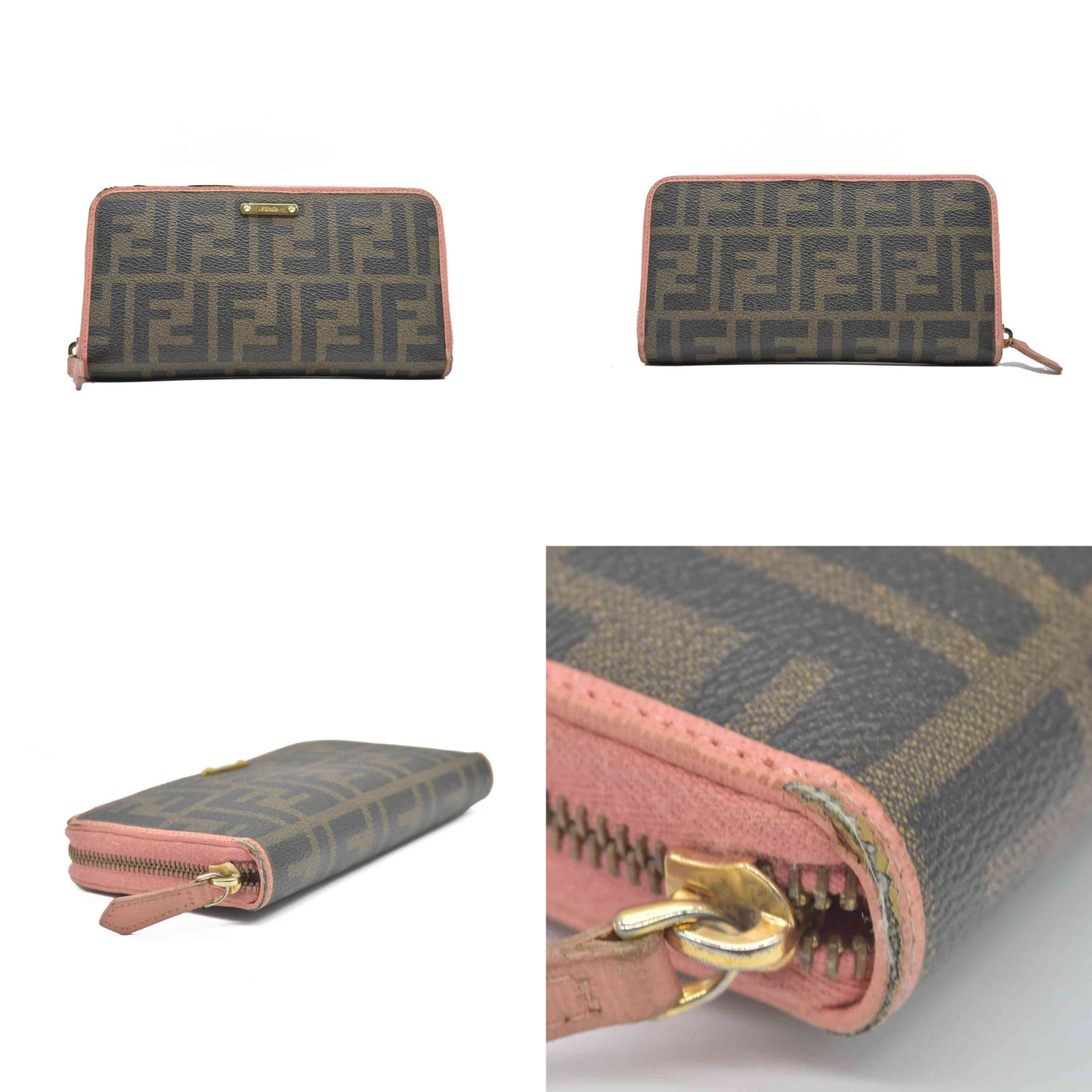 $790 Fendi Zucca Canvas Zip Around Long Wallet Black Brown CONSIGNMENT