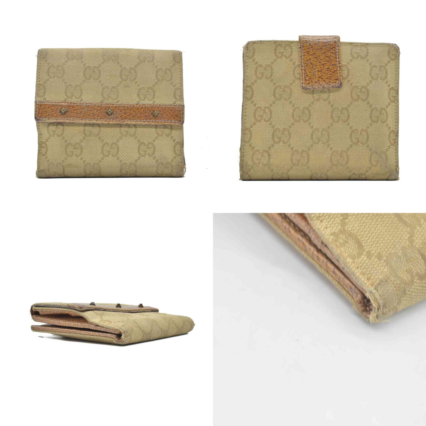 $420 Gucci Gucci Beige/Brown GG Canvas Nailhead Compact Wallet CONSIGNMENT