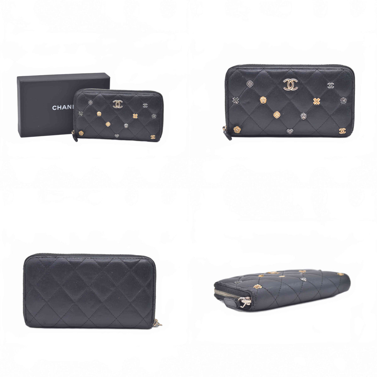 $1150 2018 Chanel 18K Lucky Charms Zip Around Long Wallet Black 10021056