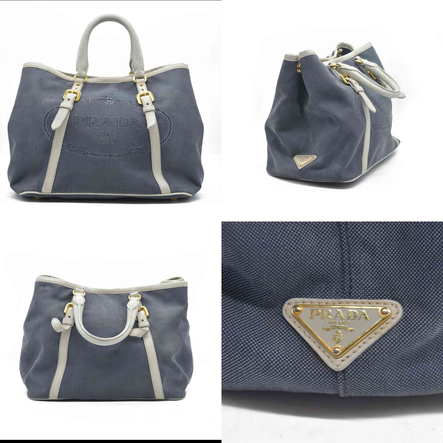 $2400 Prada Canapa Logo Jacquard Handle Bag Blue Denim