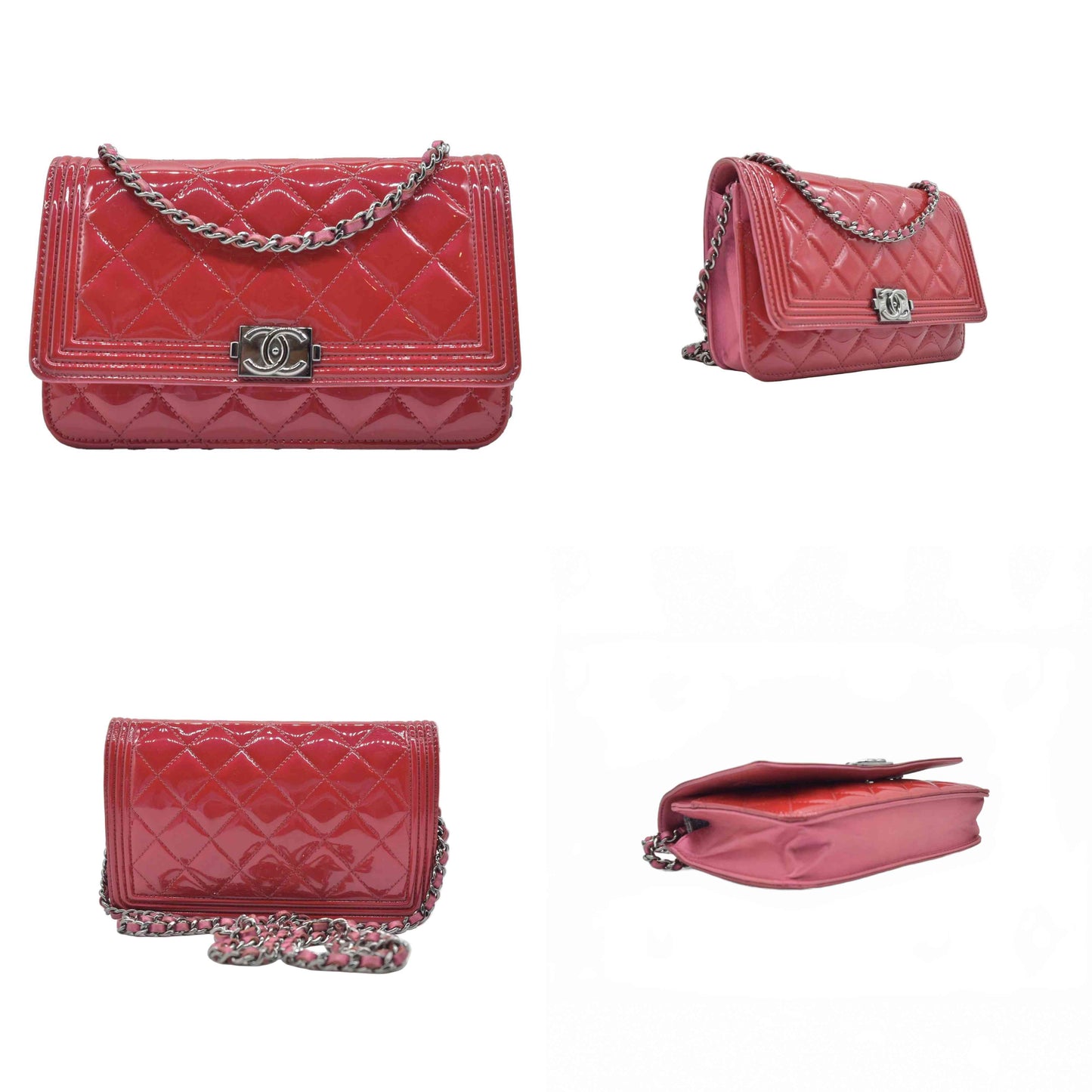 $3350 Chanel Patent Calfskin Quilted Boy Wallet On Chain WOC Fuchsia