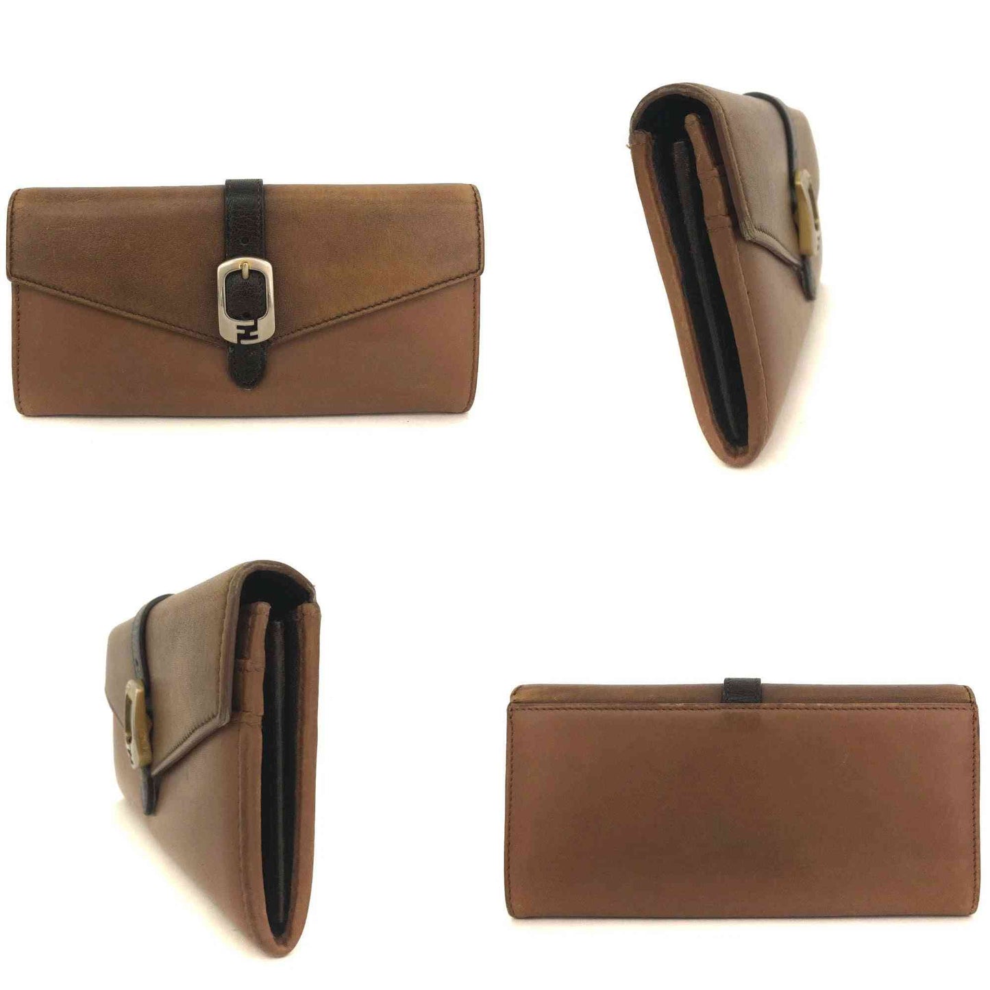 FENDI FF Logo Leather Bifold Long Wallet Brown