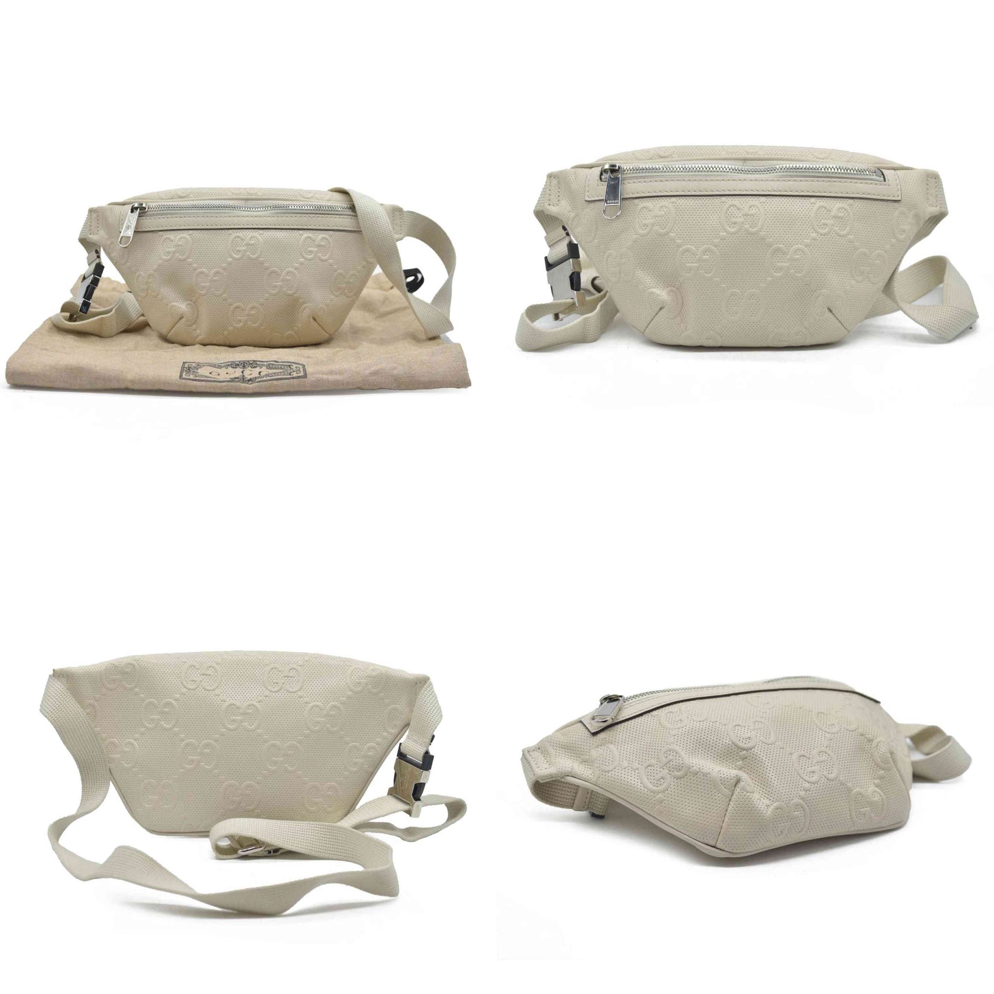 $950 Gucci  Calfskin GG Tennis Embossed Belt Bag Mystic White