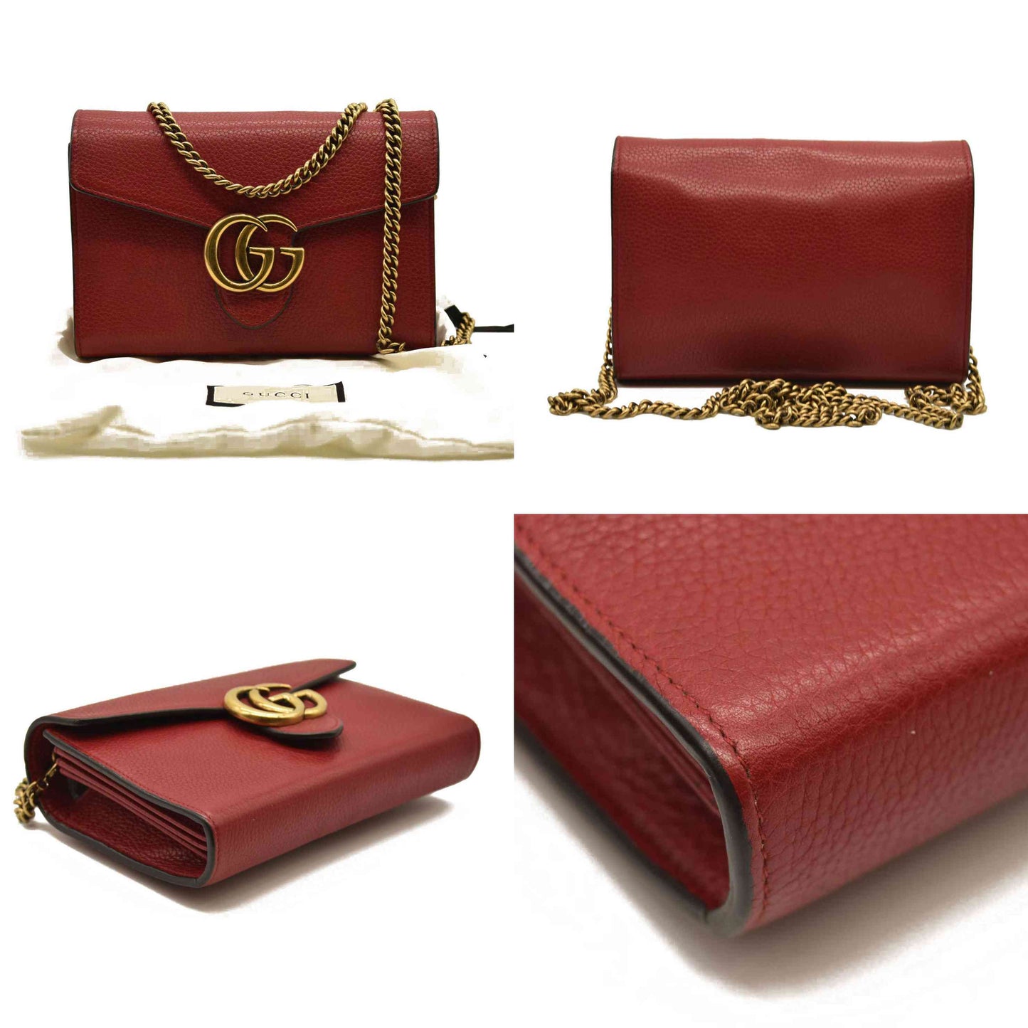 Gucci  Calfskin GG Marmont Chain Wallet Vulcanic Red