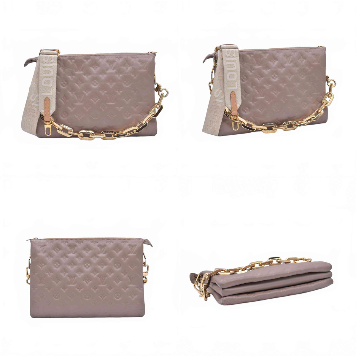$5500 Louis Vuitton Lambskin Embossed Monogram Coussin MM Taupe RFID 10021358
