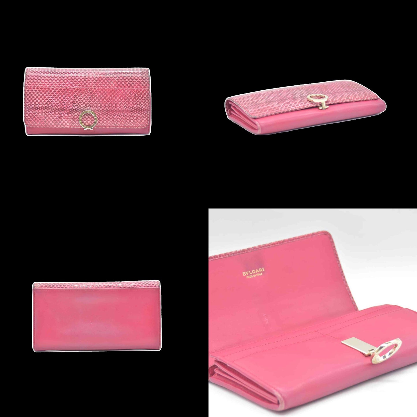 $790 BVLGARI Leather Bifold Long Wallet Pink Croc CONSIGNMENT
