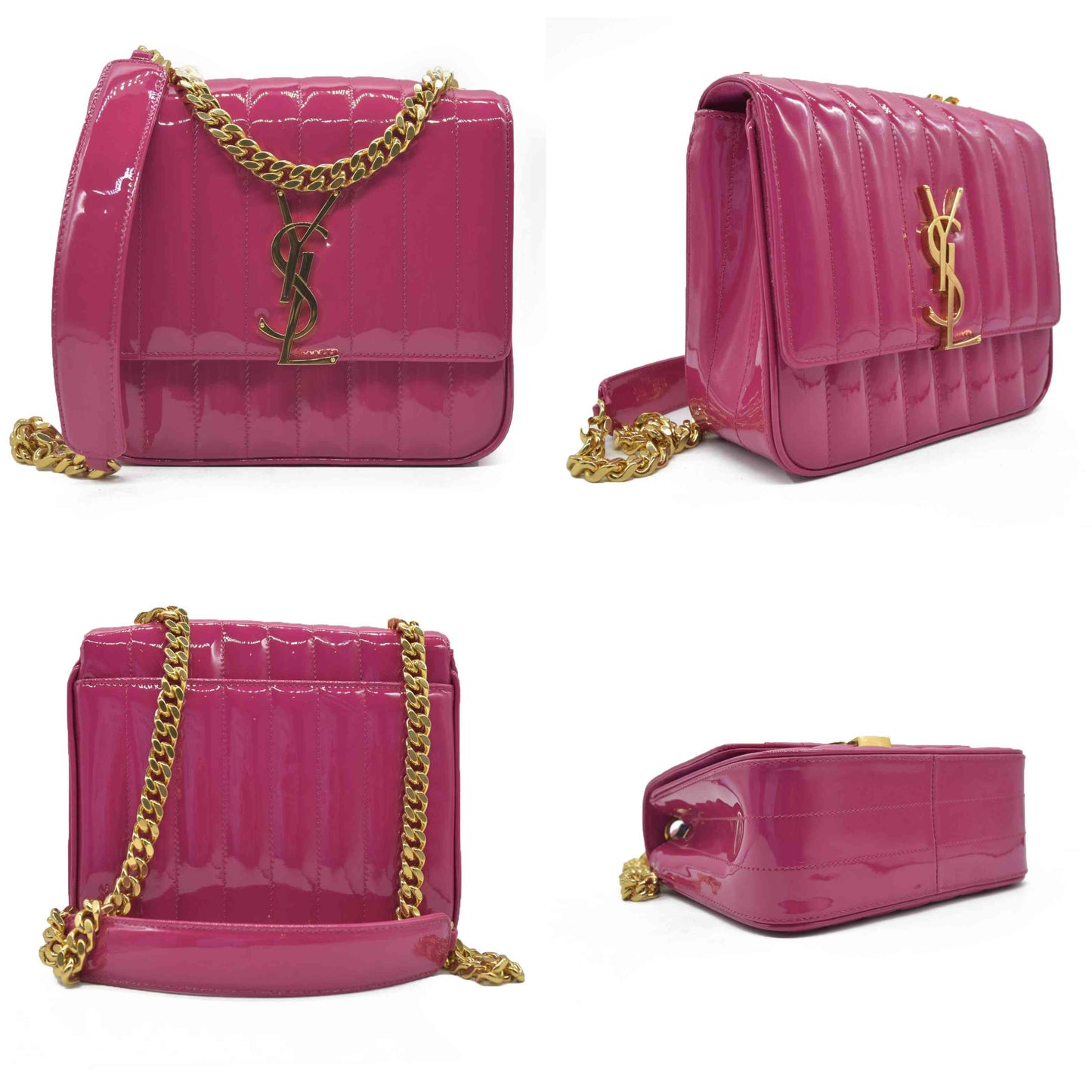 $2590 Saint Laurent Patent Calfskin Matelasse Monogram Medium Vicky Chain Bag Pink