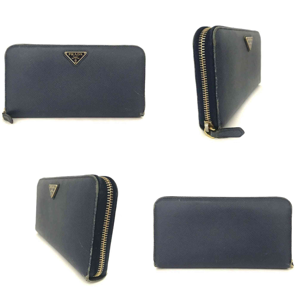$1070 PRADA Logo Plate Saffiano Leather Zip Around Long Wallet Blue 10021016