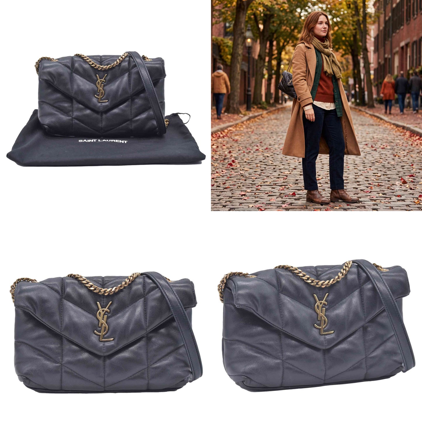 $2490 2022 Saint Laurent Lambskin Quilted Toy Loulou Puffer Monogram Chain Satchel Black
