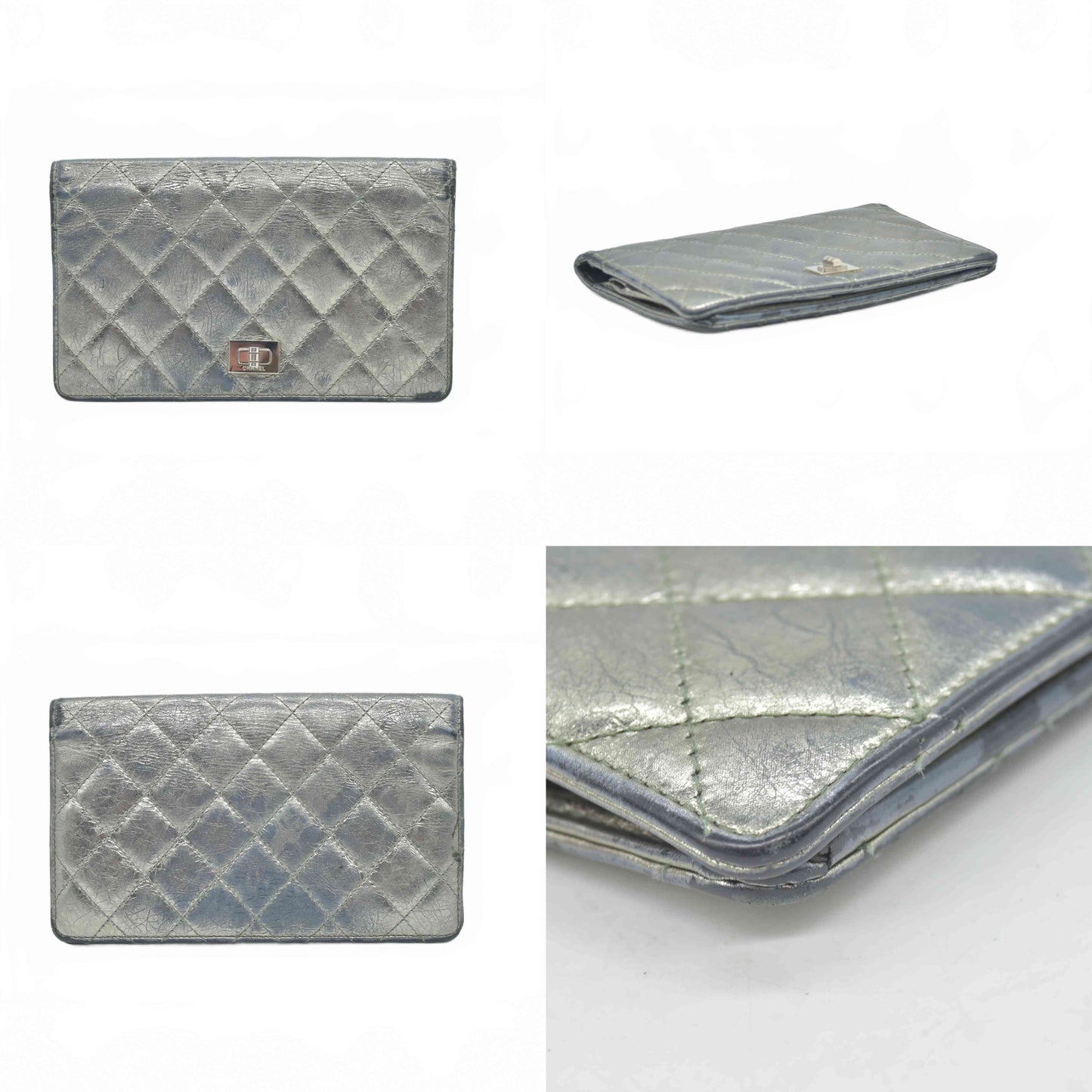 $950 2008 Chanel Lambskin Quilted 2.55 Flap Long Bifold Wallet Silver