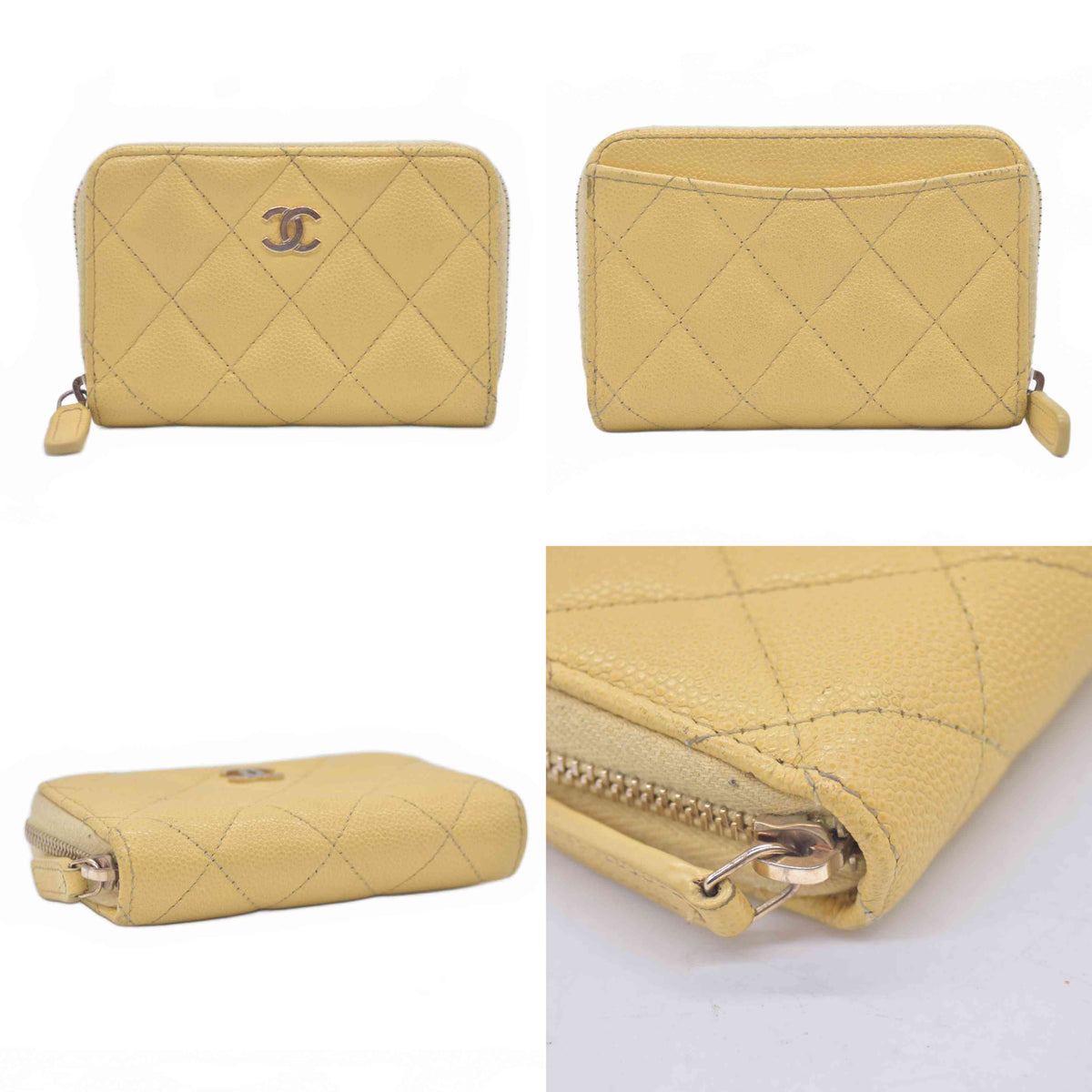 $1150 Chanel 2021 Yellow Quilted Caviar Leather Small Zip-Around Wallet 10021117