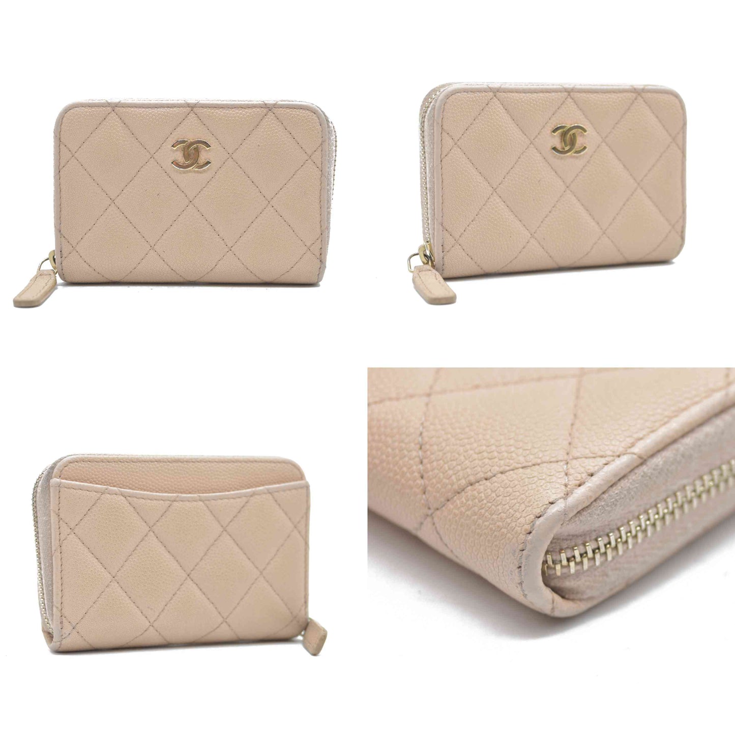 AUCTION $1223 Chanel  Caviar Quilted Zip Around Coin Purse Beige Clair