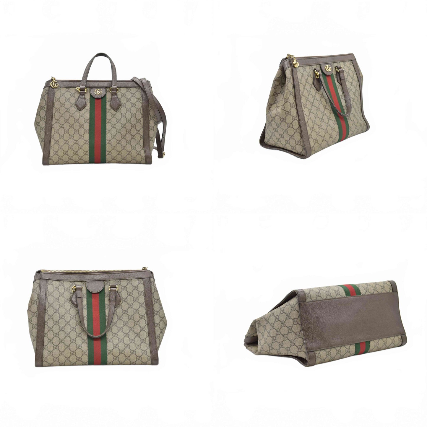 $2390 Gucci GG Supreme Monogram Web Medium Ophidia Tote Bag Brown
