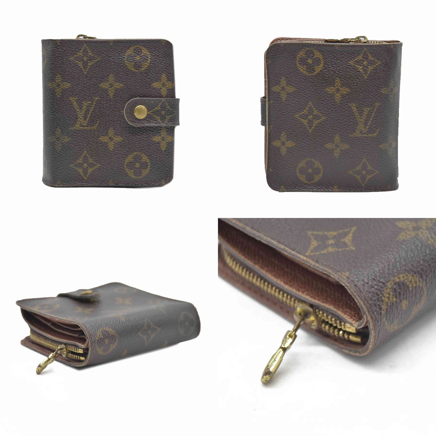 $590 Louis Vuitton Monogram Compact Zip Bifold Wallet Brown CA0043